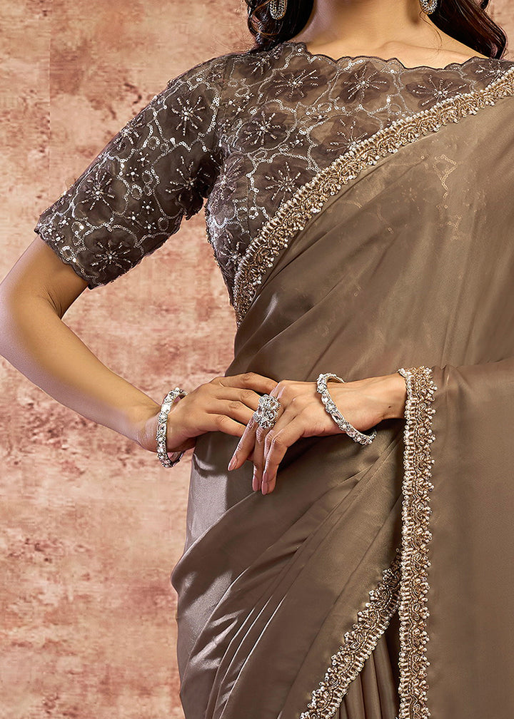 Buy Now Designer Brown Embroidered Wedding Style Saree Online in USA, UK, Canada, France, Germany, Denmark, Sweden, Italy, Netherlands &amp; Worldwide at Empress.