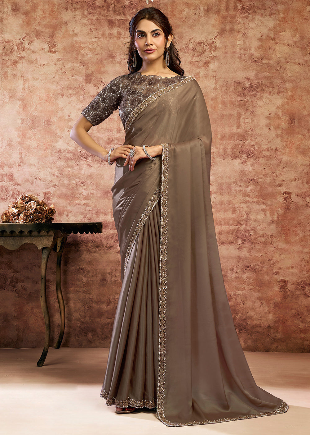 Buy Now Designer Brown Embroidered Wedding Style Saree Online in USA, UK, Canada, France, Germany, Denmark, Sweden, Italy, Netherlands & Worldwide at Empress.
