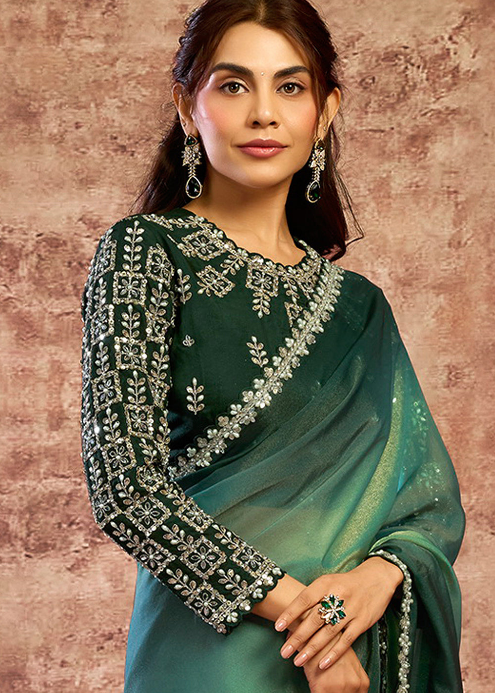 Buy Now Designer Green Embroidered Wedding Style Saree Online in USA, UK, Canada, France, Germany, Denmark, Sweden, Italy, Netherlands &amp; Worldwide at Empress.