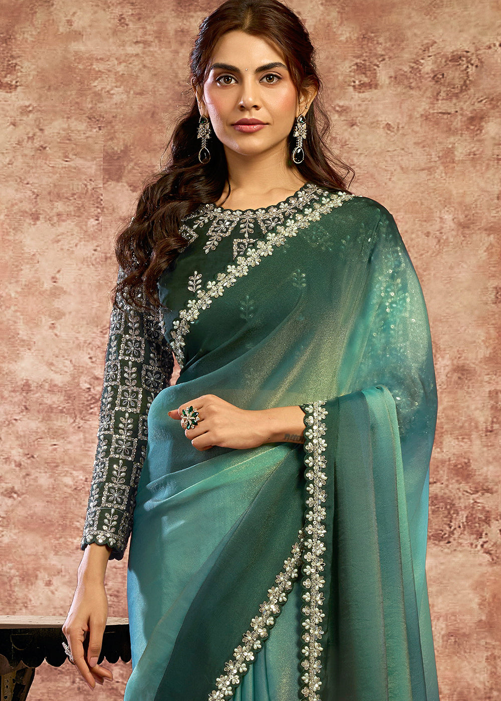 Buy Now Designer Green Embroidered Wedding Style Saree Online in USA, UK, Canada, France, Germany, Denmark, Sweden, Italy, Netherlands &amp; Worldwide at Empress.