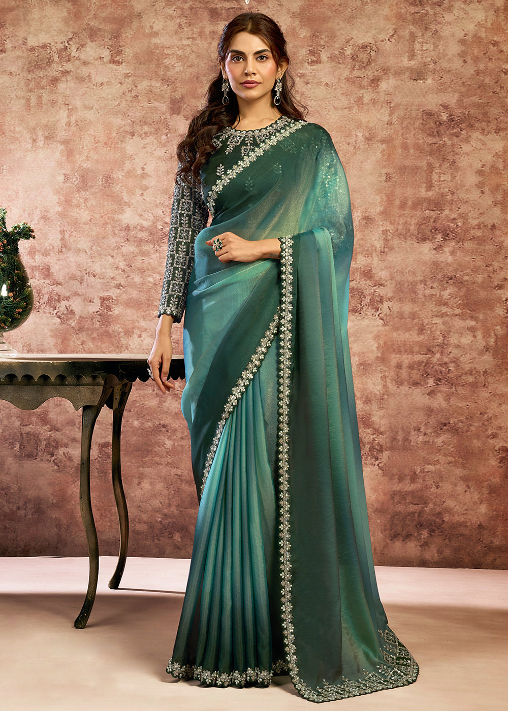 Buy Now Designer Green Embroidered Wedding Style Saree Online in USA, UK, Canada, France, Germany, Denmark, Sweden, Italy, Netherlands & Worldwide at Empress.