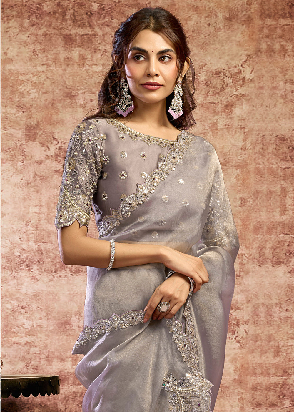 Buy Now Designer Lilac Embroidered Wedding Style Saree Online in USA, UK, Canada, France, Germany, Denmark, Sweden, Italy, Spain, UAE & Worldwide at Empress.