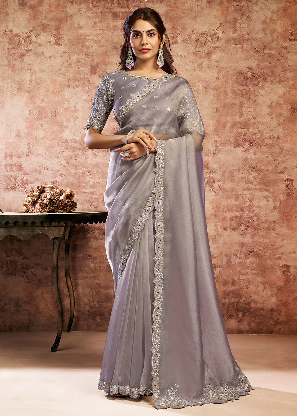 Buy Now Designer Lilac Embroidered Wedding Style Saree Online in USA, UK, Canada, France, Germany, Denmark, Sweden, Italy, Spain, UAE & Worldwide at Empress.