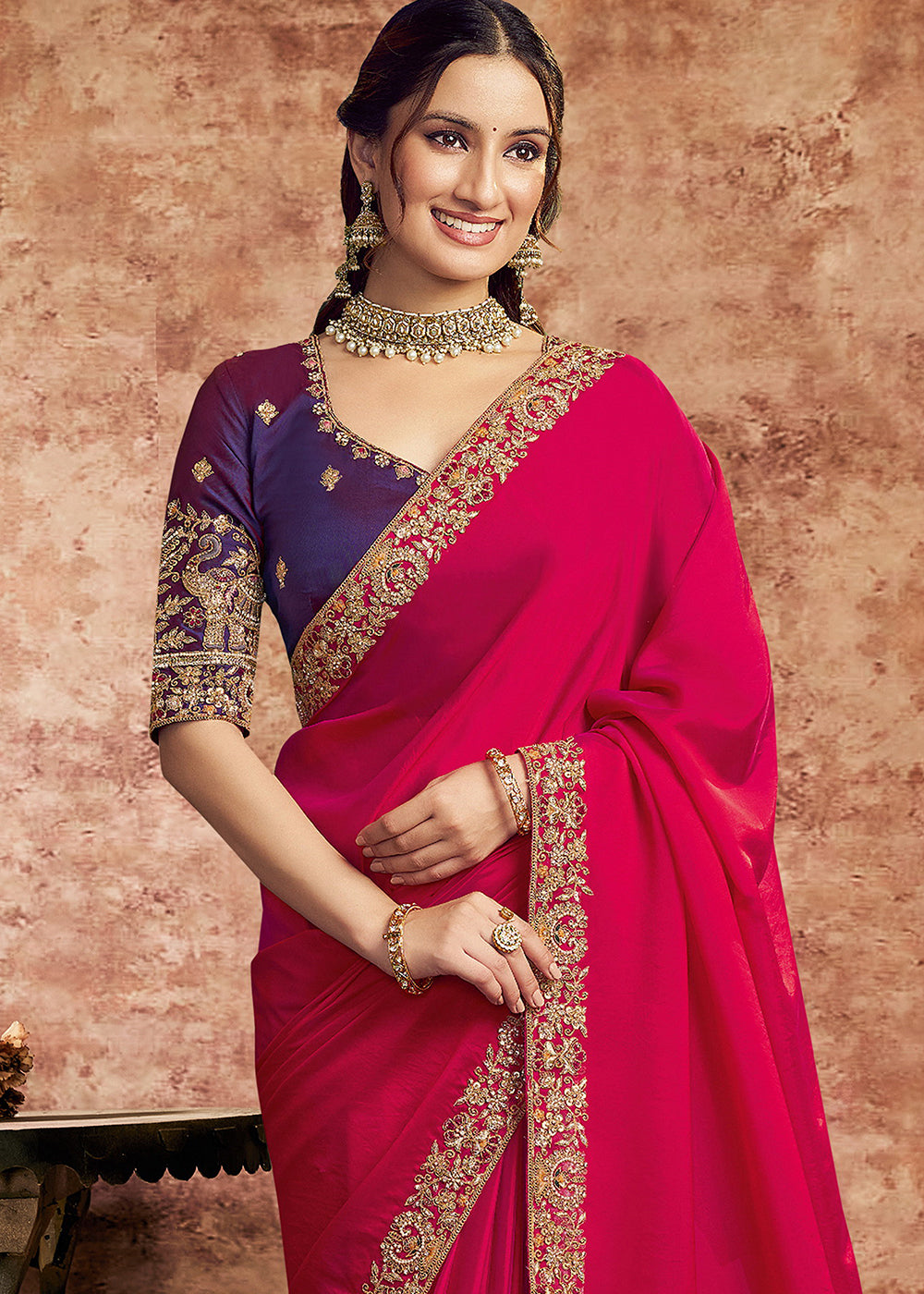 Buy Now Designer Hot Pink Embroidered Wedding Style Saree Online in USA, UK, Canada, France, Germany, Denmark, Sweden, Italy, Spain, UAE &amp; Worldwide at Empress.