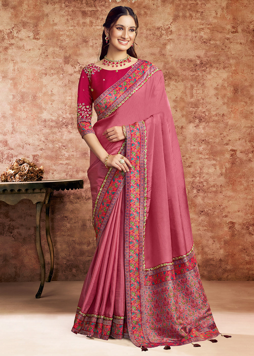 Buy Now Designer Pink Embroidered Wedding Style Saree Online in USA, UK, Canada, France, Germany, Denmark, Sweden, Italy, Spain, UAE & Worldwide at Empress.