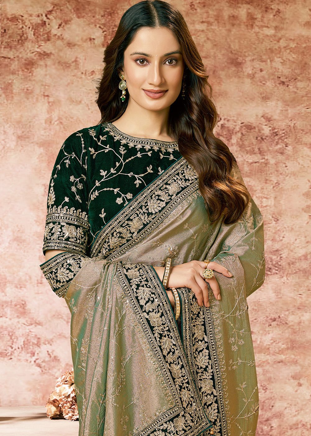 Buy Now Designer Pista Embroidered Wedding Style Saree Online in USA, UK, Canada, France, Germany, Denmark, Sweden, Italy, Spain, UAE &amp; Worldwide at Empress.