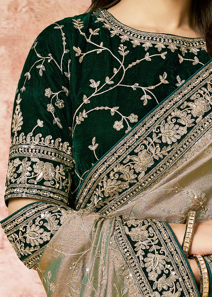 Buy Now Designer Pista Embroidered Wedding Style Saree Online in USA, UK, Canada, France, Germany, Denmark, Sweden, Italy, Spain, UAE &amp; Worldwide at Empress.