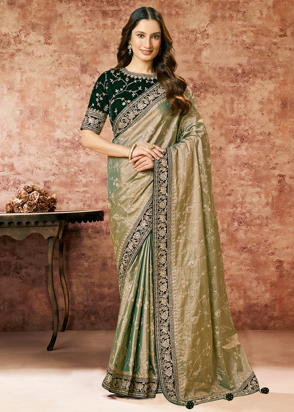 Buy Now Designer Pista Embroidered Wedding Style Saree Online in USA, UK, Canada, France, Germany, Denmark, Sweden, Italy, Spain, UAE & Worldwide at Empress.