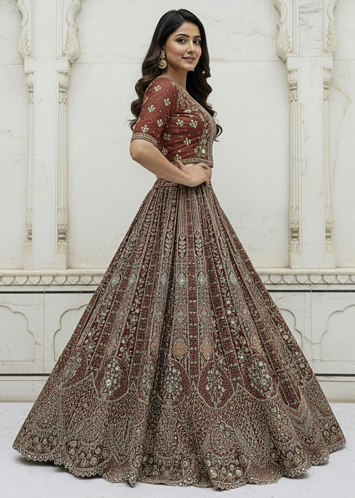 Buy Now Chocolate Brown Organza Embroidered Designer Lehenga Online in US, UK, Canada, France, Germany, Sweden, Greece, Denmark, Spain & Worldwide at Empress.