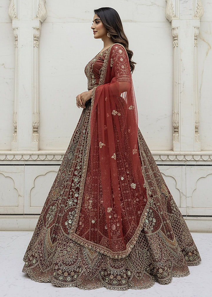 Buy Now Chocolate Brown Organza Embroidered Designer Lehenga Online in US, UK, Canada, France, Germany, Sweden, Greece, Denmark, Spain & Worldwide at Empress.