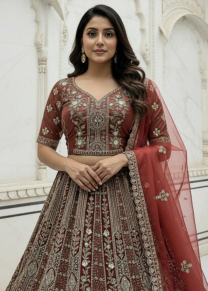 Buy Now Chocolate Brown Organza Embroidered Designer Lehenga Online in US, UK, Canada, France, Germany, Sweden, Greece, Denmark, Spain & Worldwide at Empress.