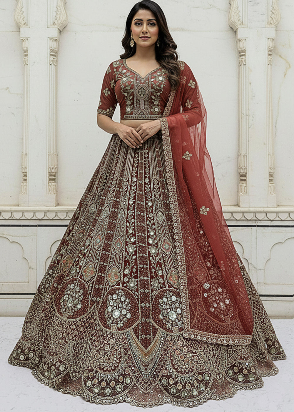Buy Now Chocolate Brown Organza Embroidered Designer Lehenga Online in US, UK, Canada, France, Germany, Sweden, Greece, Denmark, Spain & Worldwide at Empress.