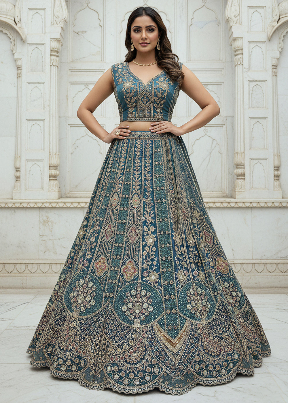 Buy Now Firozi Blue Organza Embroidered Designer Lehenga Online in US, UK, Canada, France, Germany, Sweden, Greece, Denmark, Spain, UAE & Worldwide at Empress.