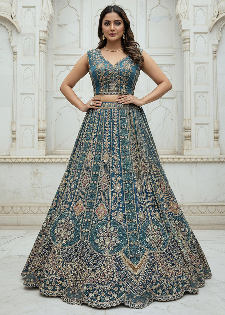 Buy Now Firozi Blue Organza Embroidered Designer Lehenga Online in US, UK, Canada, France, Germany, Sweden, Greece, Denmark, Spain, UAE & Worldwide at Empress.