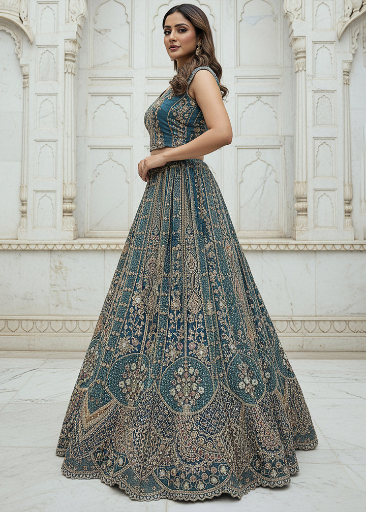 Buy Now Firozi Blue Organza Embroidered Designer Lehenga Online in US, UK, Canada, France, Germany, Sweden, Greece, Denmark, Spain, UAE & Worldwide at Empress.