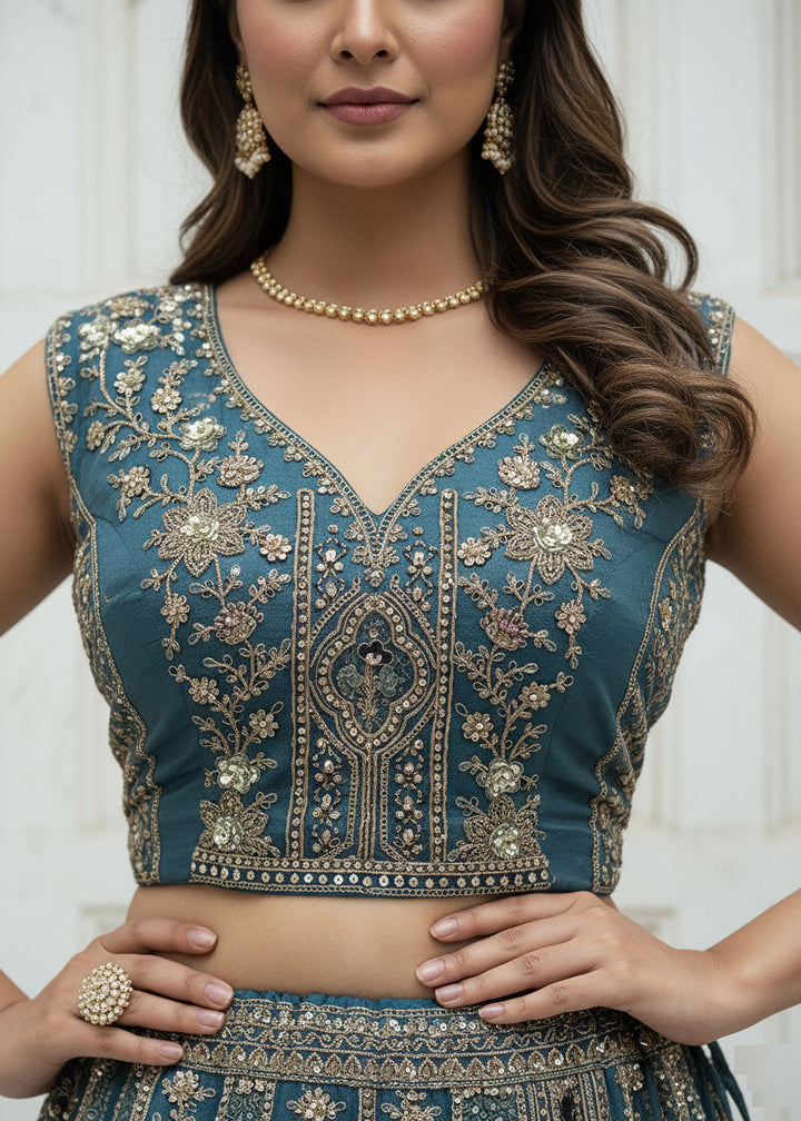 Buy Now Firozi Blue Organza Embroidered Designer Lehenga Online in US, UK, Canada, France, Germany, Sweden, Greece, Denmark, Spain, UAE & Worldwide at Empress.