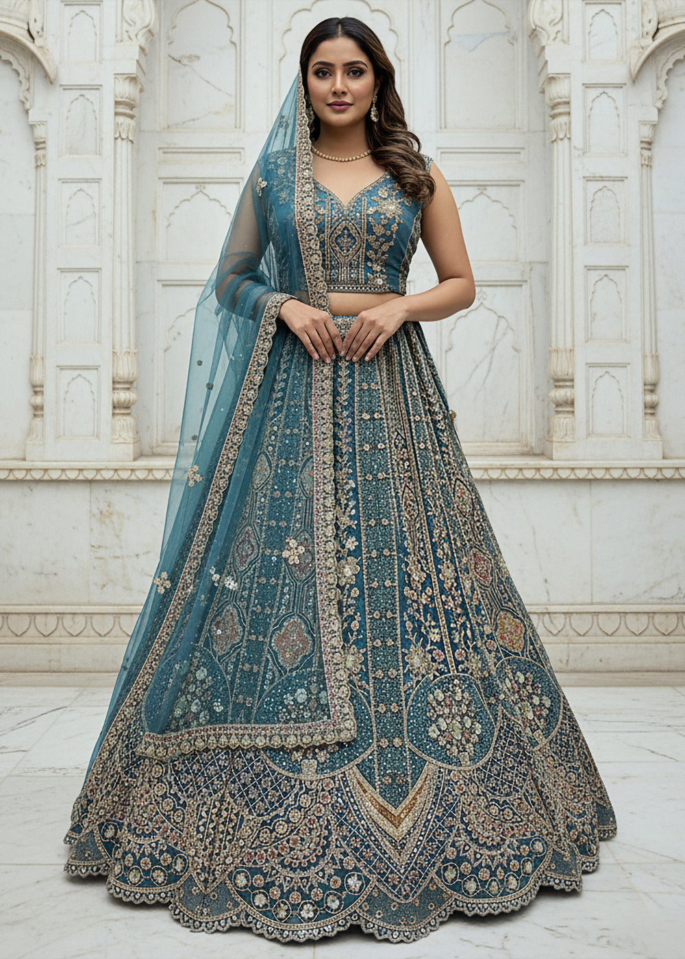 Buy Now Firozi Blue Organza Embroidered Designer Lehenga Online in US, UK, Canada, France, Germany, Sweden, Greece, Denmark, Spain, UAE & Worldwide at Empress.