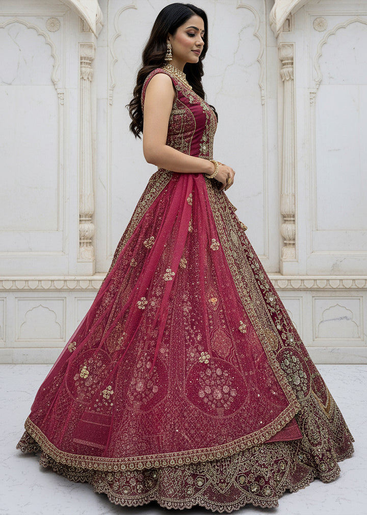Buy Now Rani Pink Organza Embroidered Designer Lehenga Online in US, UK, Canada, France, Germany, Sweden, Greece, Denmark, Spain, UAE & Worldwide at Empress.