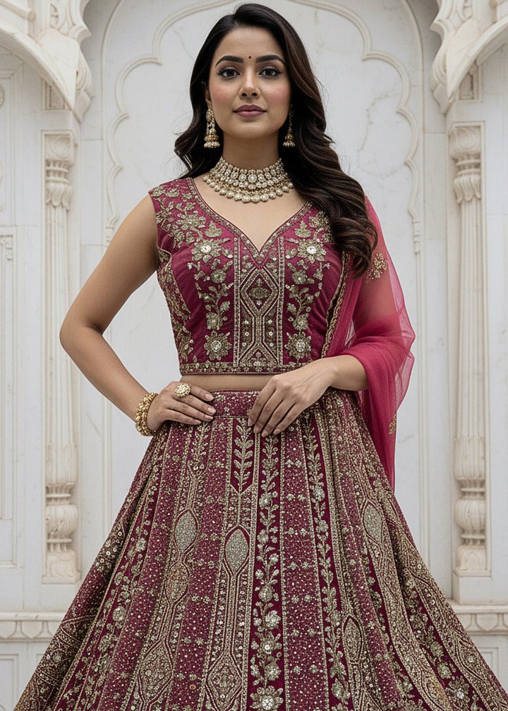 Buy Now Rani Pink Organza Embroidered Designer Lehenga Online in US, UK, Canada, France, Germany, Sweden, Greece, Denmark, Spain, UAE & Worldwide at Empress.