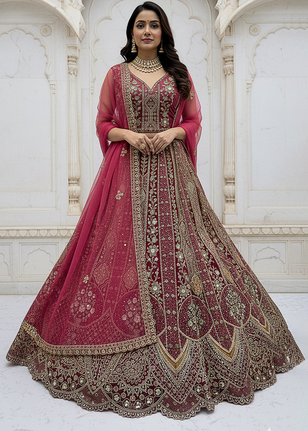 Buy Now Rani Pink Organza Embroidered Designer Lehenga Online in US, UK, Canada, France, Germany, Sweden, Greece, Denmark, Spain, UAE & Worldwide at Empress.