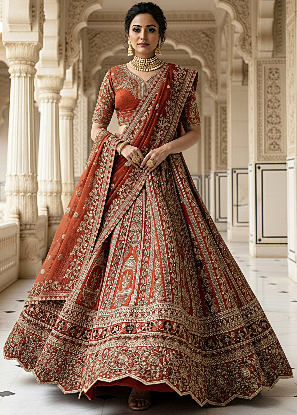 Buy Now Premium Silk Designer Orange Bridal Lehenga Online in US, UK, Canada, France, Germany, Sweden, Greece, Denmark, Spain, Africa & Worldwide at Empress.