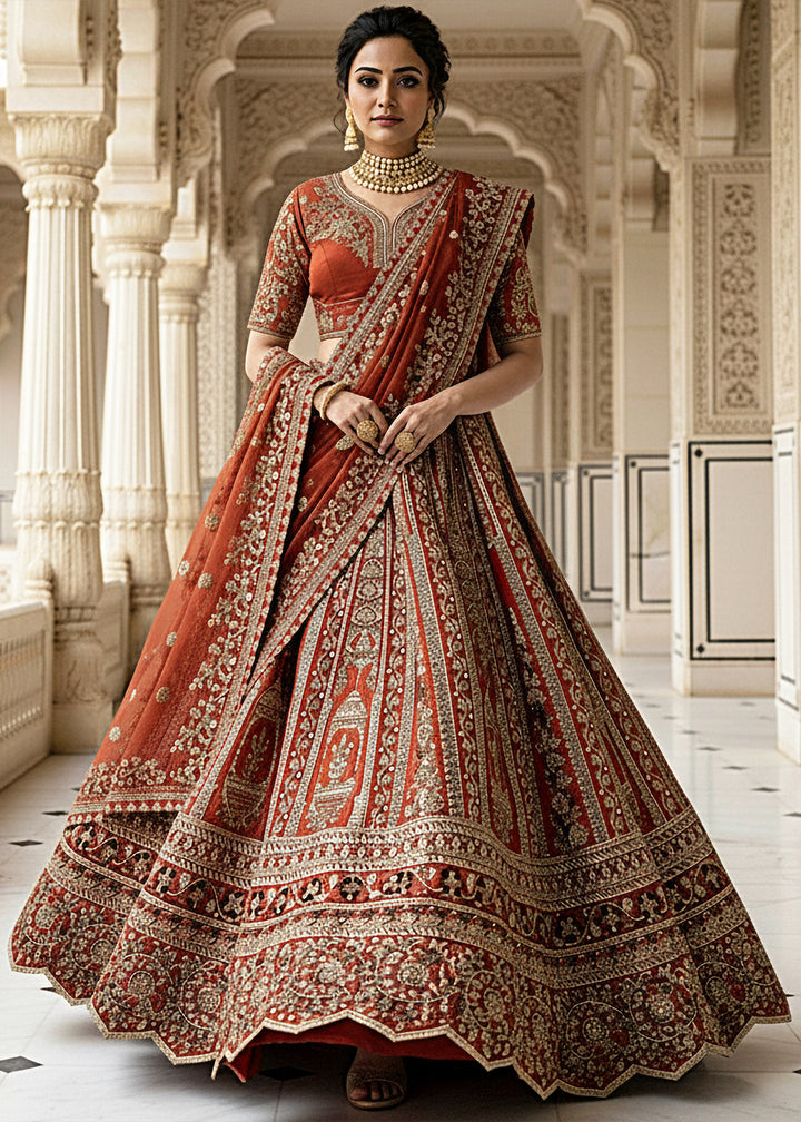 Buy Now Premium Silk Designer Orange Bridal Lehenga Online in US, UK, Canada, France, Germany, Sweden, Greece, Denmark, Spain, Africa & Worldwide at Empress.