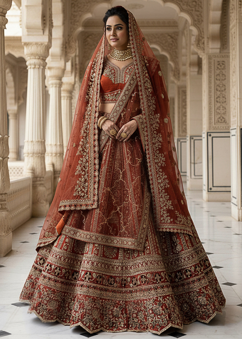 Buy Now Premium Silk Designer Orange Bridal Lehenga Online in US, UK, Canada, France, Germany, Sweden, Greece, Denmark, Spain, Africa & Worldwide at Empress.