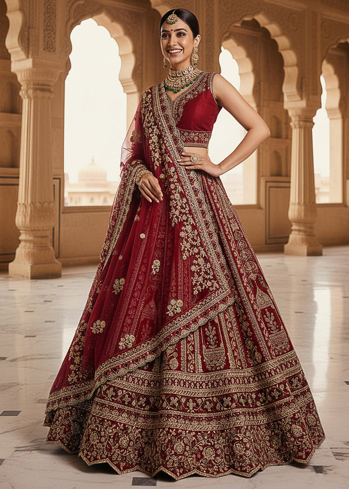 Buy Now Premium Silk Designer Red Bridal Lehenga Online in US, UK, Canada, France, Germany, Sweden, Greece, Denmark, Spain, Africa, UAE & Worldwide at Empress.