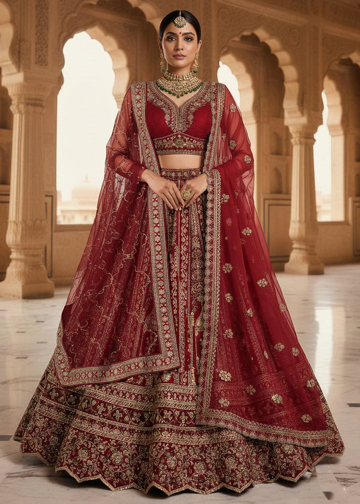 Buy Now Premium Silk Designer Red Bridal Lehenga Online in US, UK, Canada, France, Germany, Sweden, Greece, Denmark, Spain, Africa, UAE & Worldwide at Empress.