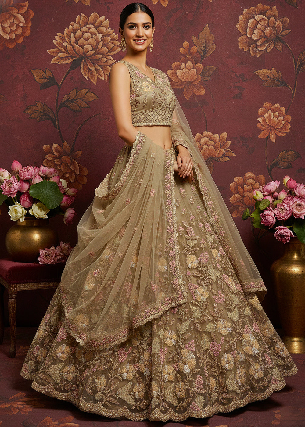 Buy Now Dusty Beige Heavy Net Bridal Wear Lehenga Online in US, UK, Canada, France, Germany, Sweden, Greece, Denmark, Spain, UAE, Africa & Worldwide at Empress.