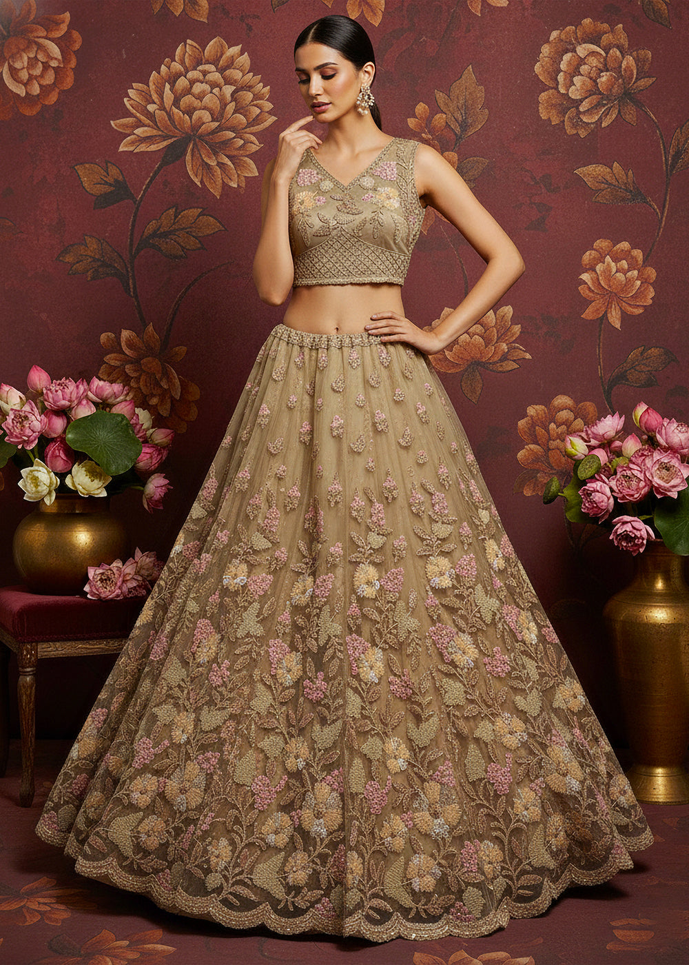 Buy Now Dusty Beige Heavy Net Bridal Wear Lehenga Online in US, UK, Canada, France, Germany, Sweden, Greece, Denmark, Spain, UAE, Africa & Worldwide at Empress.