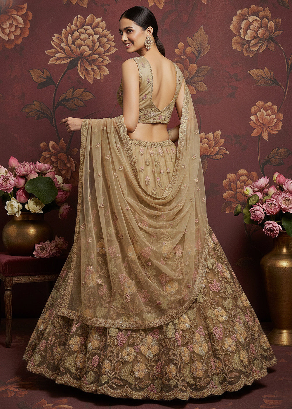 Buy Now Dusty Beige Heavy Net Bridal Wear Lehenga Online in US, UK, Canada, France, Germany, Sweden, Greece, Denmark, Spain, UAE, Africa & Worldwide at Empress.