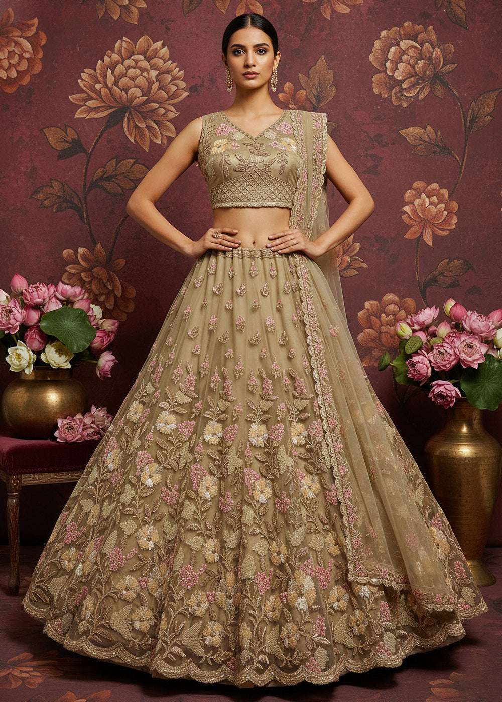 Buy Now Dusty Beige Heavy Net Bridal Wear Lehenga Online in US, UK, Canada, France, Germany, Sweden, Greece, Denmark, Spain, UAE, Africa & Worldwide at Empress.