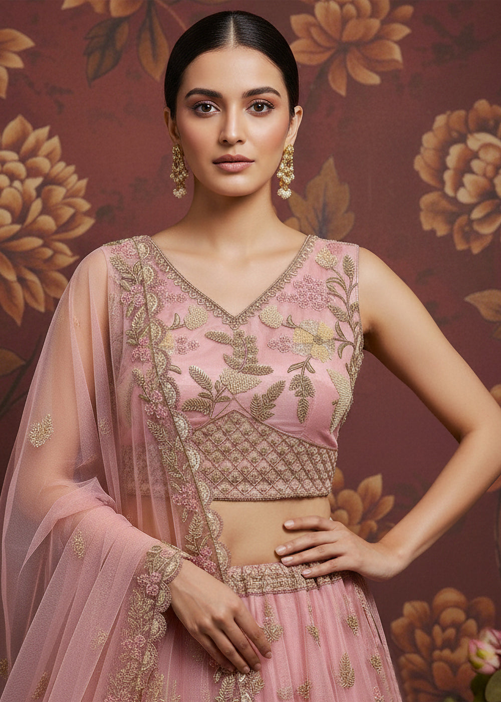 Buy Now Carnation Pink Heavy Net Bridal Wear Lehenga Online in US, UK, Canada, France, Germany, Sweden, Greece, Denmark, Spain, Africa & Worldwide at Empress.