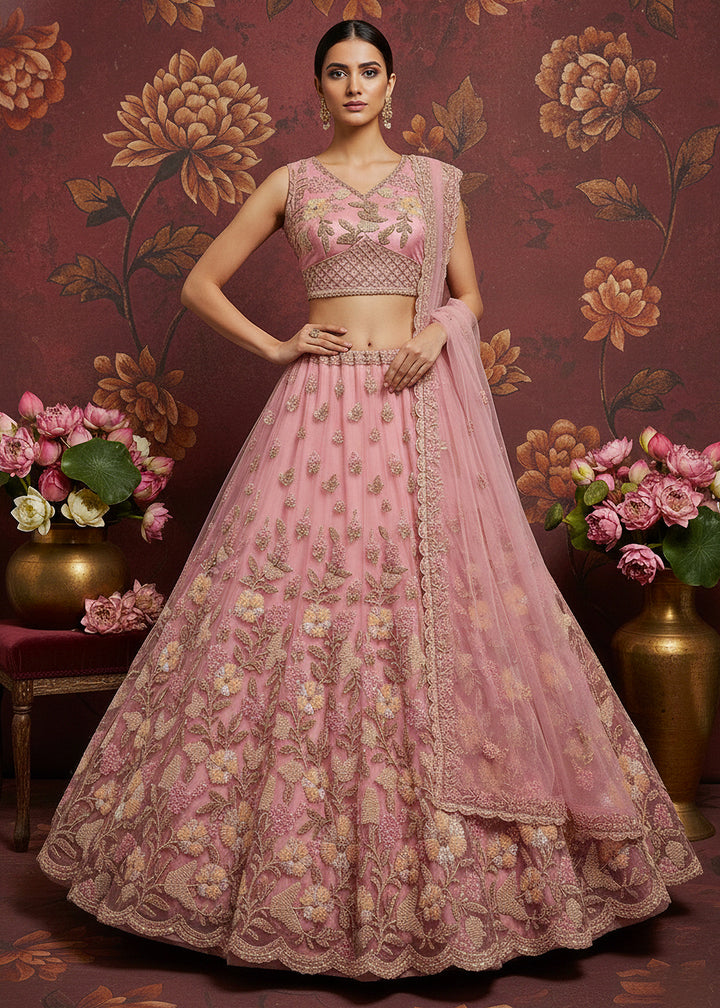 Buy Now Carnation Pink Heavy Net Bridal Wear Lehenga Online in US, UK, Canada, France, Germany, Sweden, Greece, Denmark, Spain, Africa & Worldwide at Empress.