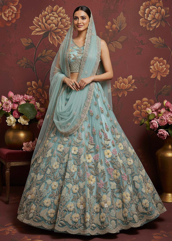 Buy Now Breeze Blue Heavy Net Bridal Wear Lehenga Online in US, UK, Canada, France, Germany, Sweden, Greece, Denmark, Spain, Africa, UAE & Worldwide at Empress.