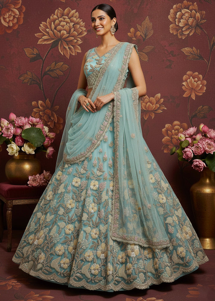 Buy Now Breeze Blue Heavy Net Bridal Wear Lehenga Online in US, UK, Canada, France, Germany, Sweden, Greece, Denmark, Spain, Africa, UAE & Worldwide at Empress.
