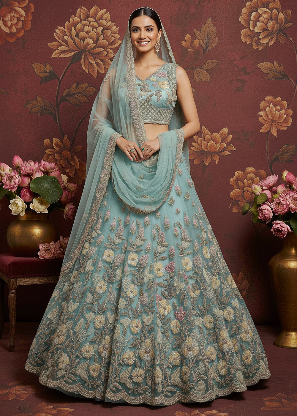 Buy Now Breeze Blue Heavy Net Bridal Wear Lehenga Online in US, UK, Canada, France, Germany, Sweden, Greece, Denmark, Spain, Africa, UAE & Worldwide at Empress.