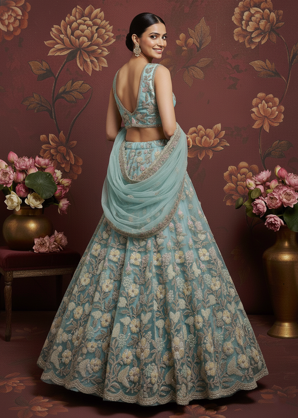Buy Now Breeze Blue Heavy Net Bridal Wear Lehenga Online in US, UK, Canada, France, Germany, Sweden, Greece, Denmark, Spain, Africa, UAE & Worldwide at Empress.