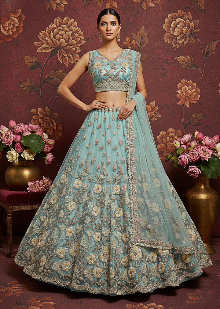 Buy Now Breeze Blue Heavy Net Bridal Wear Lehenga Online in US, UK, Canada, France, Germany, Sweden, Greece, Denmark, Spain, Africa, UAE & Worldwide at Empress.