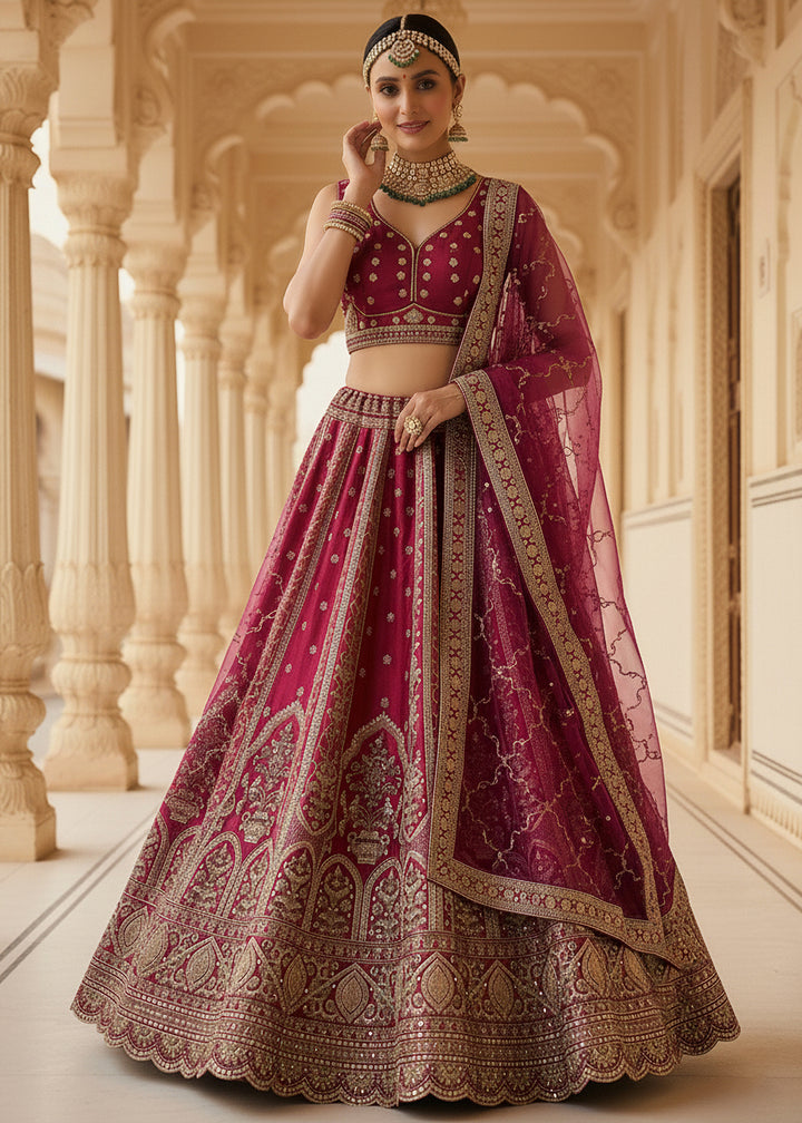 Buy Now Magenta Ghadwal Silk Premium Embroidered Lehenga Online in US, UK, Canada, France, Germany, Sweden, Greece, Denmark, Spain, UAE & Worldwide at Empress.