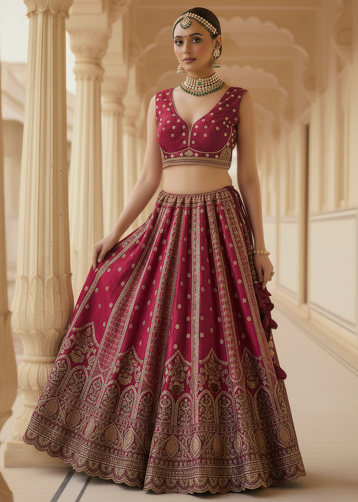 Buy Now Magenta Ghadwal Silk Premium Embroidered Lehenga Online in US, UK, Canada, France, Germany, Sweden, Greece, Denmark, Spain, UAE & Worldwide at Empress.