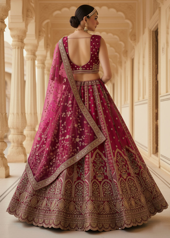 Buy Now Magenta Ghadwal Silk Premium Embroidered Lehenga Online in US, UK, Canada, France, Germany, Sweden, Greece, Denmark, Spain, UAE & Worldwide at Empress.
