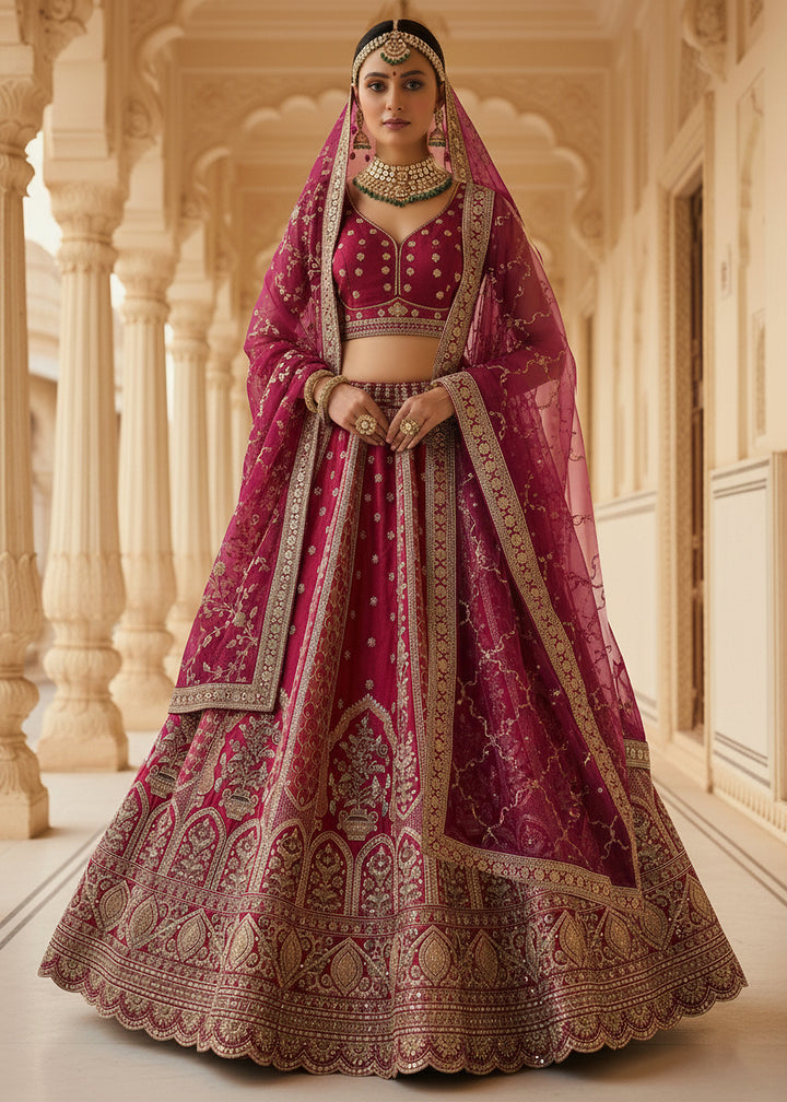Buy Now Magenta Ghadwal Silk Premium Embroidered Lehenga Online in US, UK, Canada, France, Germany, Sweden, Greece, Denmark, Spain, UAE & Worldwide at Empress.