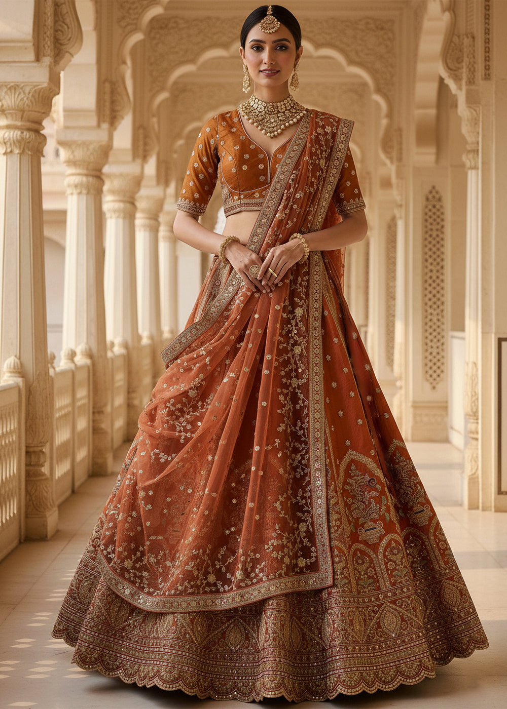 Buy Now Orange Ghadwal Silk Premium Embroidered Lehenga Online in US, UK, Canada, France, Germany, Sweden, Greece, Denmark, Spain, UAE & Worldwide at Empress.