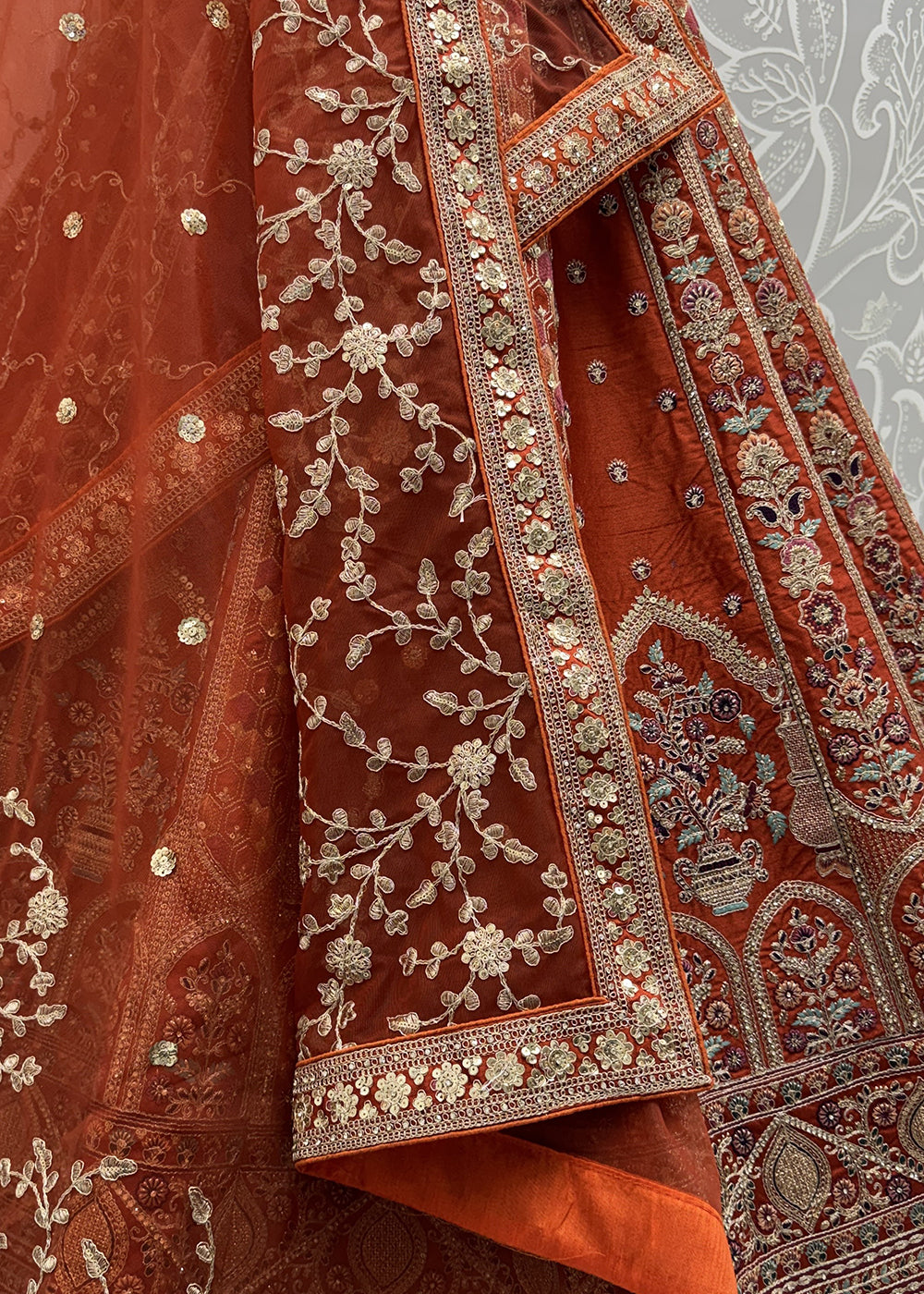Buy Now Orange Ghadwal Silk Premium Embroidered Lehenga Online in US, UK, Canada, France, Germany, Sweden, Greece, Denmark, Spain, UAE & Worldwide at Empress.