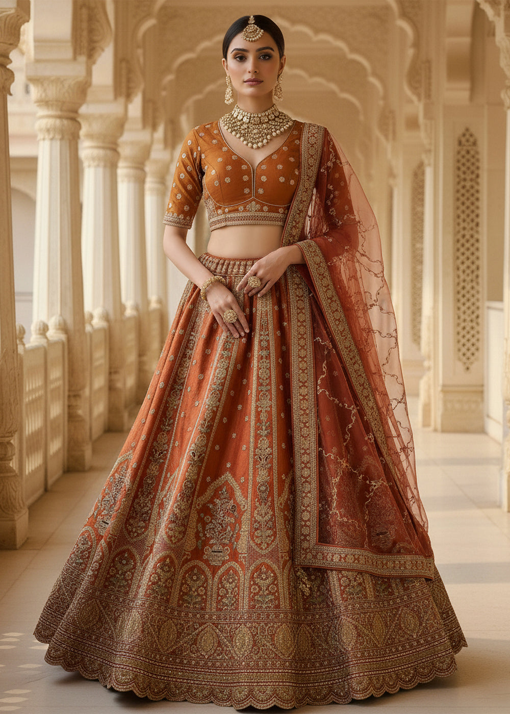 Buy Now Orange Ghadwal Silk Premium Embroidered Lehenga Online in US, UK, Canada, France, Germany, Sweden, Greece, Denmark, Spain, UAE & Worldwide at Empress.