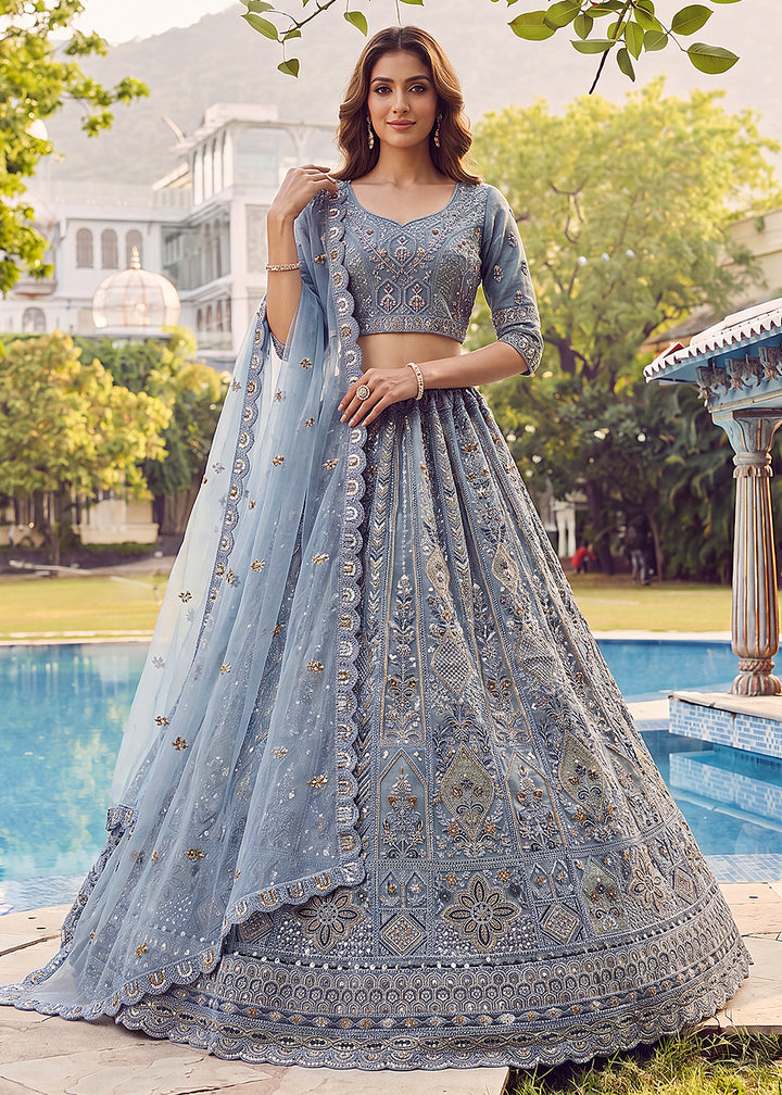 Buy Now Embroidered Sky Blue Net Bridal Designer Lehenga Choli Online in US, UK, Canada, France, Italy, Germany, Sweden, UAE &amp; Worldwide at Empress Clothing.