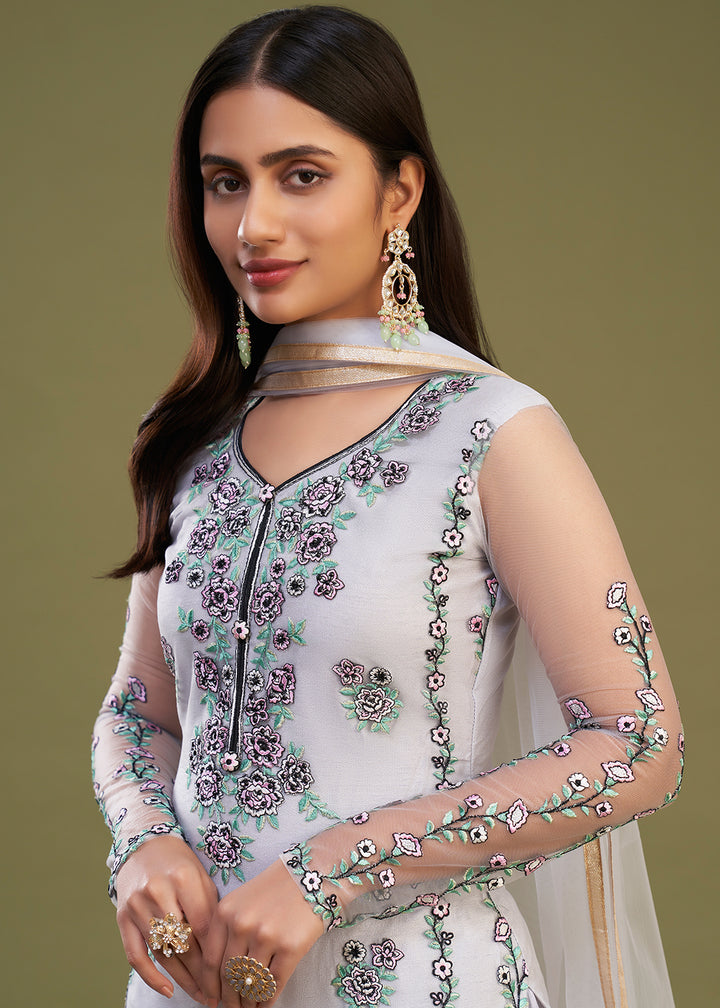 Buy Now Lavender Multi Thread Embroidered Net Salwar Suit Online in USA, UK, Canada, Germany, Australia & Worldwide at Empress Clothing. 