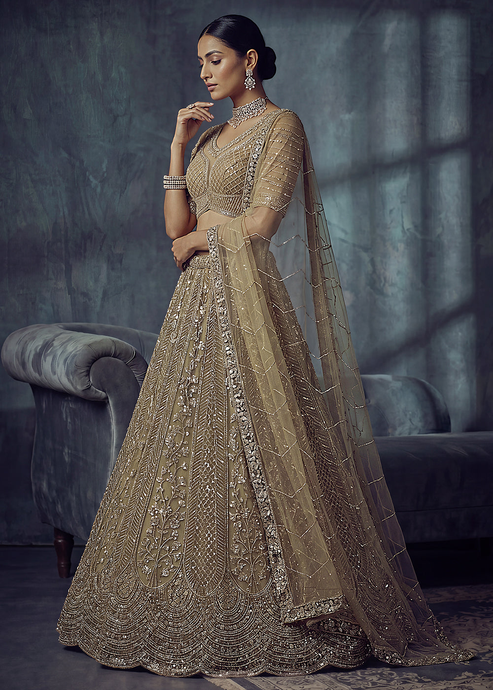 Buy Now Bridal Golden Embroidered Designer Style Lehenga Choli Online in US, UK, Canada, France, Italy, Germany, Sweden, UAE &amp; Worldwide at Empress Clothing.